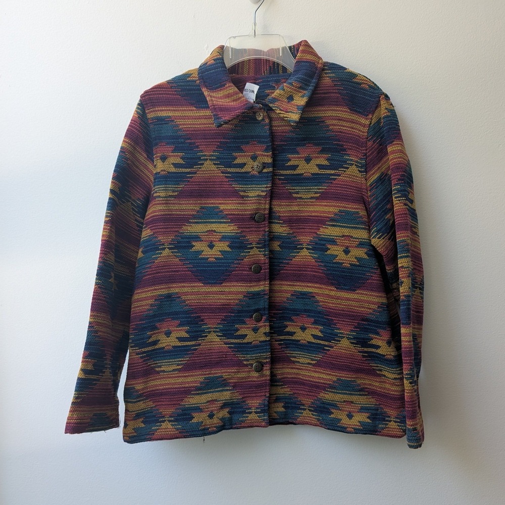 Vtg Jacket Multicolor Southwestern Geometric Button Up 12 Textured Boho Aztec